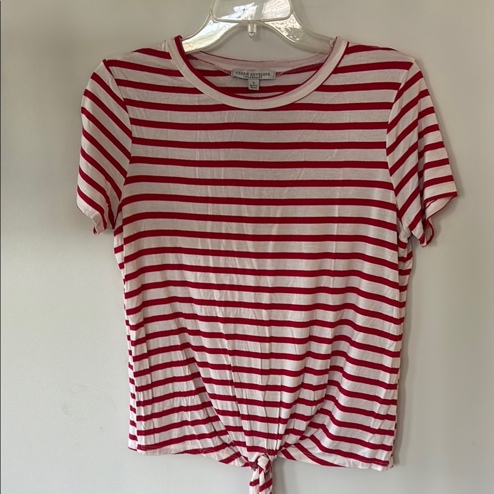 Green Envelope Red and White Striped Short Sleeve Tee